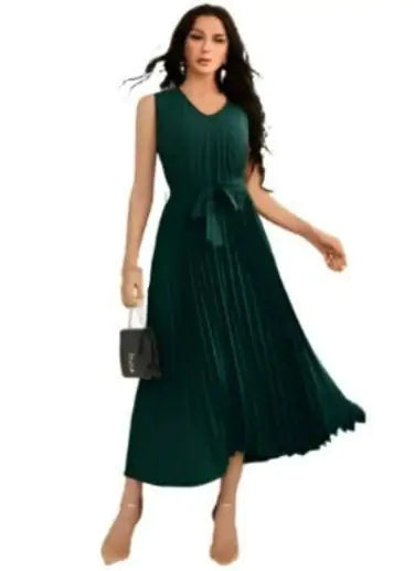 Women's 2023 Summer Sleeveless Halter Neck Pleated Midi Cocktail Dress A Line Flowy Beach Sun Dress with Belt