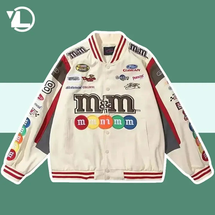 Hip Hop Baseball Jackets Men Women High Street M&M Embroidery Motorcycle Loose Bomber Coats Harajuku Retro Racing Varsity Jacket