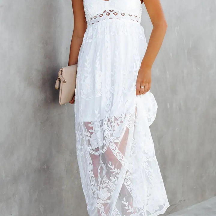 White Lace Crisscross Backless Maxi Dress