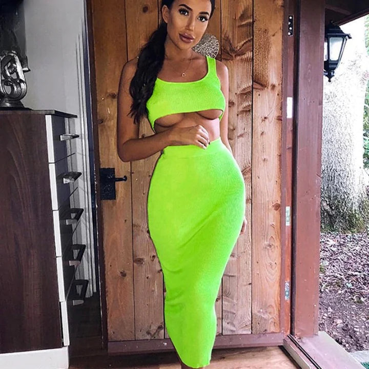 Neon Color Sexy Ribbed Dress Set