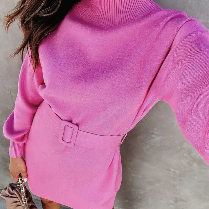 Elegant Turtleneck Sweater Dress with Belt