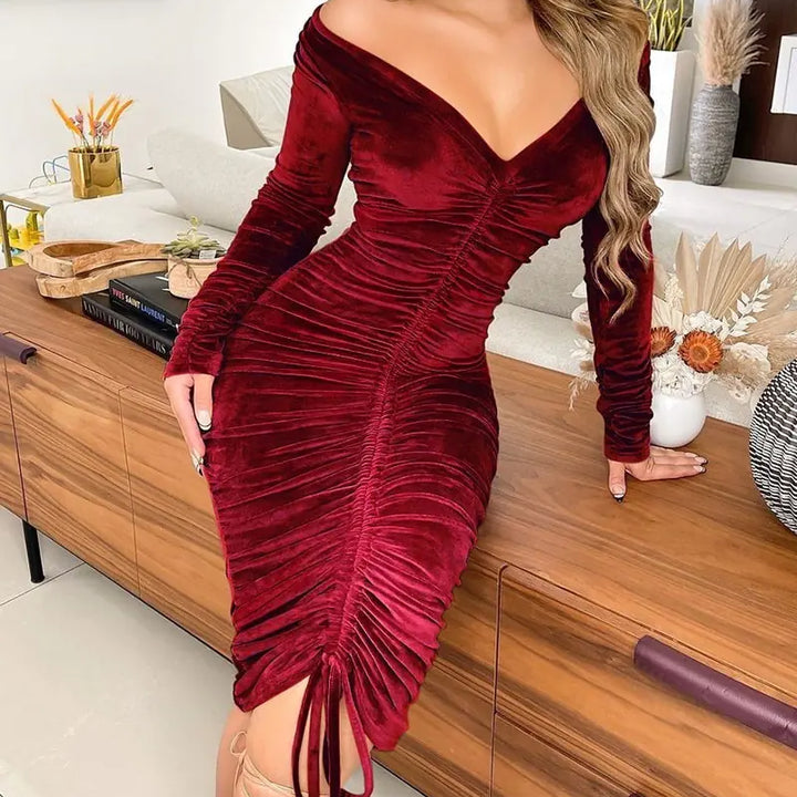 Velvet Drawstring Off Shoulder Midi Dress