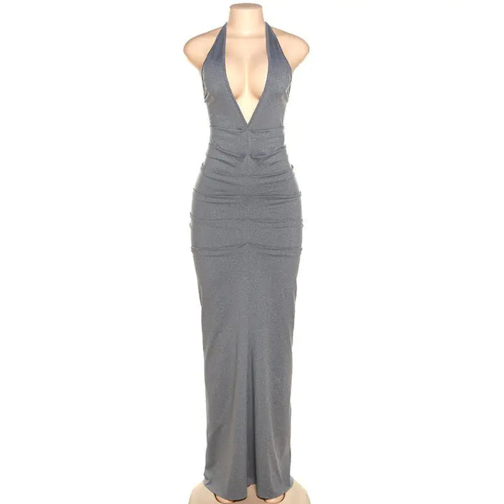 Plunge Halter Backless Maxi Dress