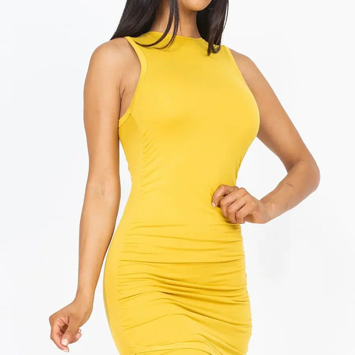 Shirred Bodycon Mini Dress- Stretch knit - Sleeveless