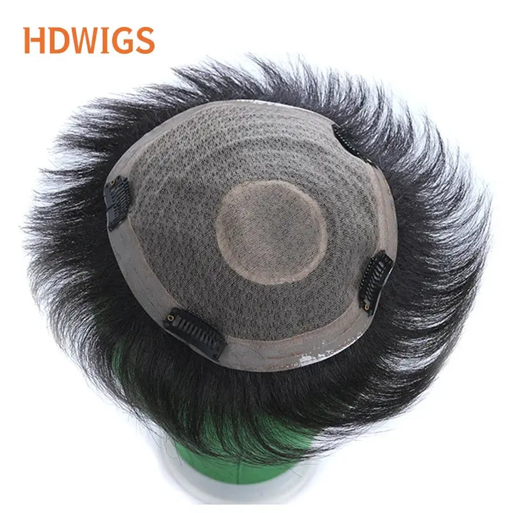 HDWIGS Men Machine Toupee Straight 100% Remy Human Hair System Wave Male Toupees Human Hair Wigs Short Hair Wigs Natural Color