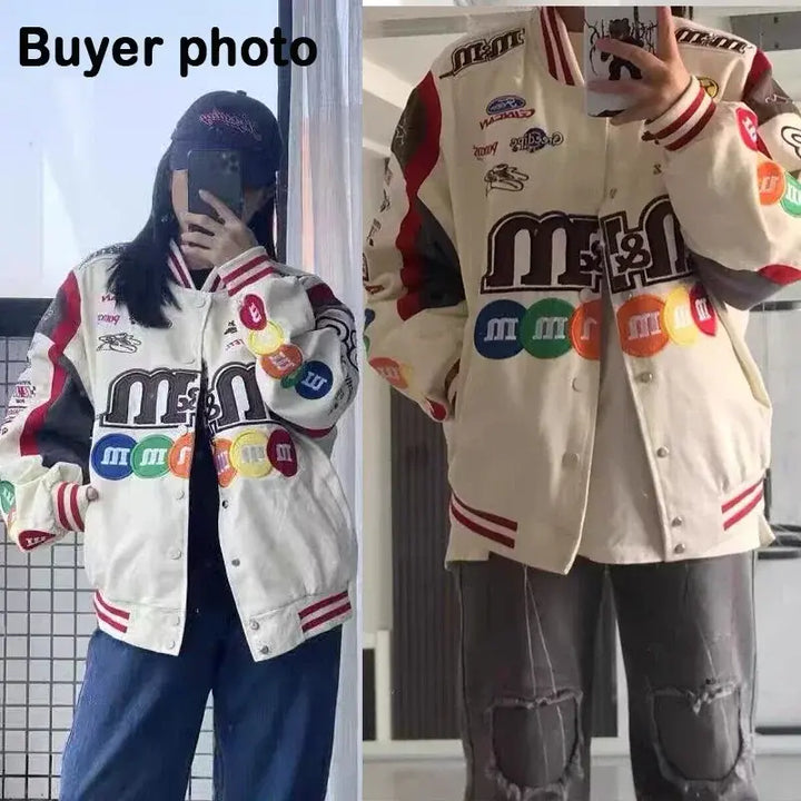 Hip Hop Baseball Jackets Men Women High Street M&M Embroidery Motorcycle Loose Bomber Coats Harajuku Retro Racing Varsity Jacket