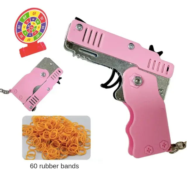 Rubber Band Gun Kids Toy Cool Keychain Mini Metal Folding Shooting Pistol Rubber Launcher Toy Gifts with 60 Elastic Rubber Bands