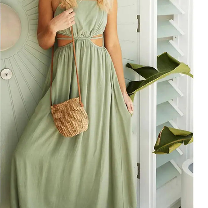 Lace-up Waist Collar Sling Cotton and Linen Dress