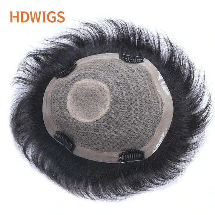 HDWIGS Men Machine Toupee Straight 100% Remy Human Hair System Wave Male Toupees Human Hair Wigs Short Hair Wigs Natural Color