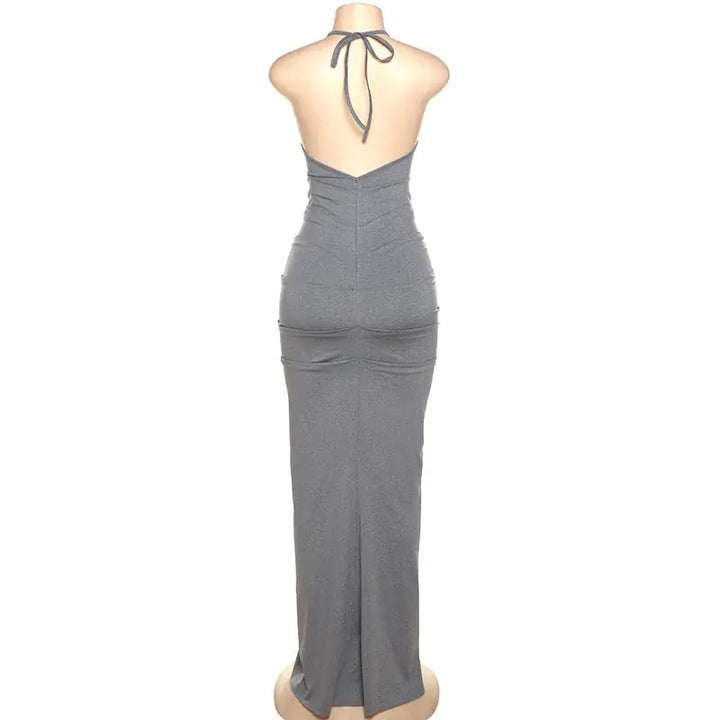 Plunge Halter Backless Maxi Dress